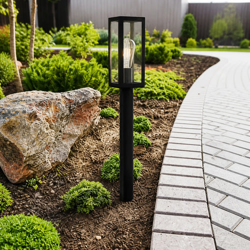 Searchlight Box - 1-lichts zwarte tuinpaal met helder glas IP44, E27