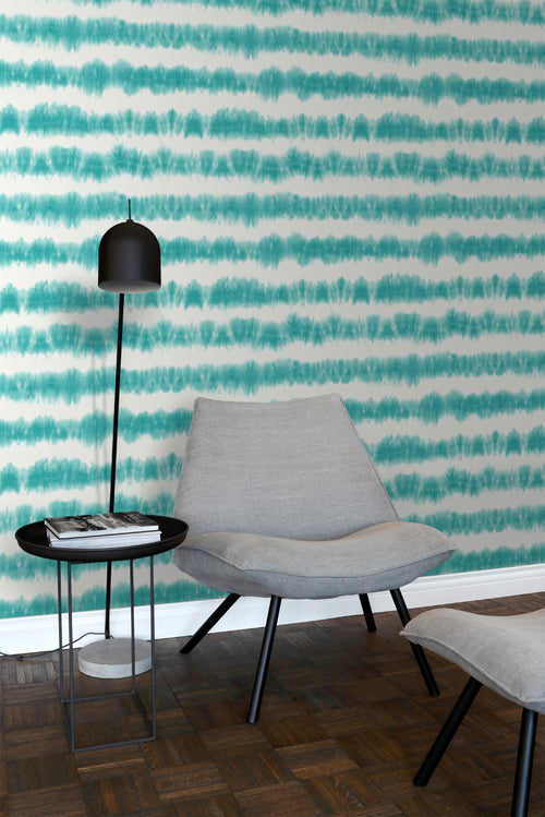 ESTAhome behang horizontale tie-dye shibori strepen turquoise 53 cm x 10.05 m 148687