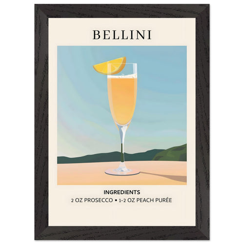 Artfulprints Poster met Lijst Bellini cocktail - Ingrediënten   - A4 21x29.7 cm - Geel