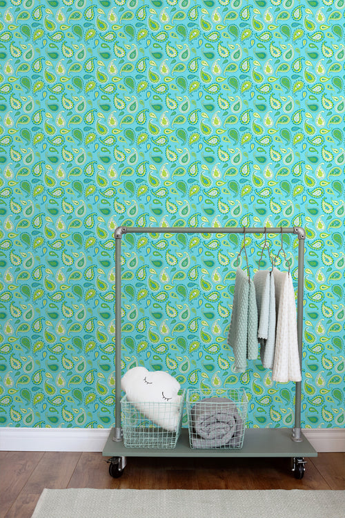 ESTAhome behang paisley turquoise en limegroen - 53 cm x 10.05 m - 115827