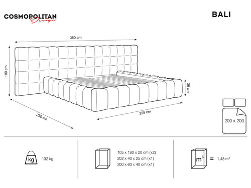Cosmopolitan Design Opbergbed met dubbel hoofdbord Bali 200x200cm, flueel, zwart - 230x350x100cm