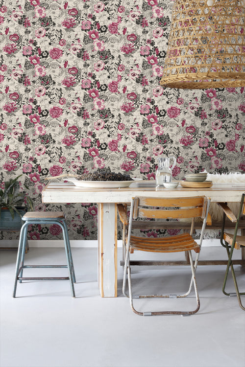 ESTAhome behang bloemen donker rood en beige - 53 cm x 10.05 m - 138505