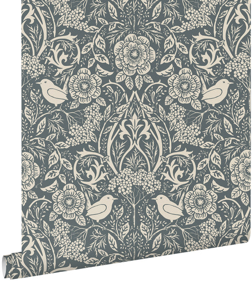 ESTAhome behang bloemen en vogels in art nouveau stijl vergrijsd donker blauw - 50 x 900 cm - 131991