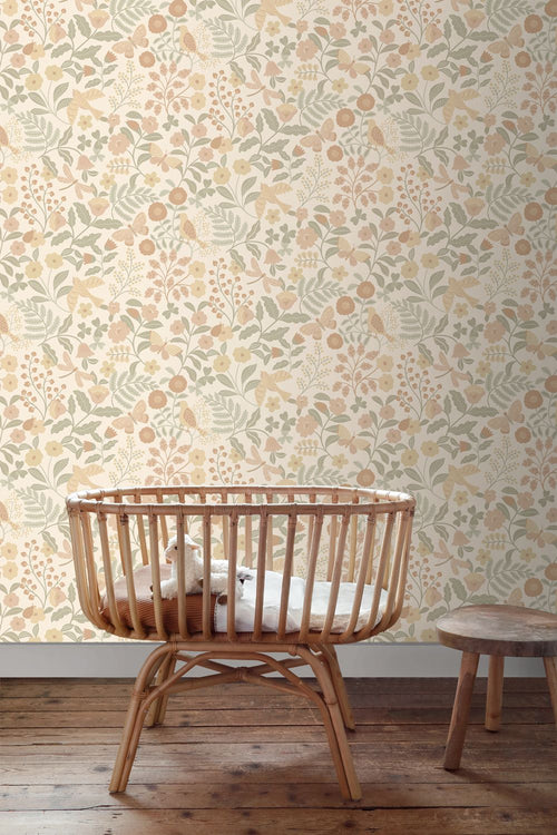 ESTAhome behang bloemen en vogels beige, groen en zacht roze - 53 cm x 10.05 m - 139867