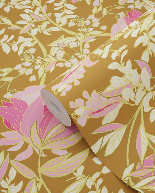 ESTAhome behang vintage bloemen in art nouveau stijl groen en fuchsia roze - 50 x 900 cm - 131731