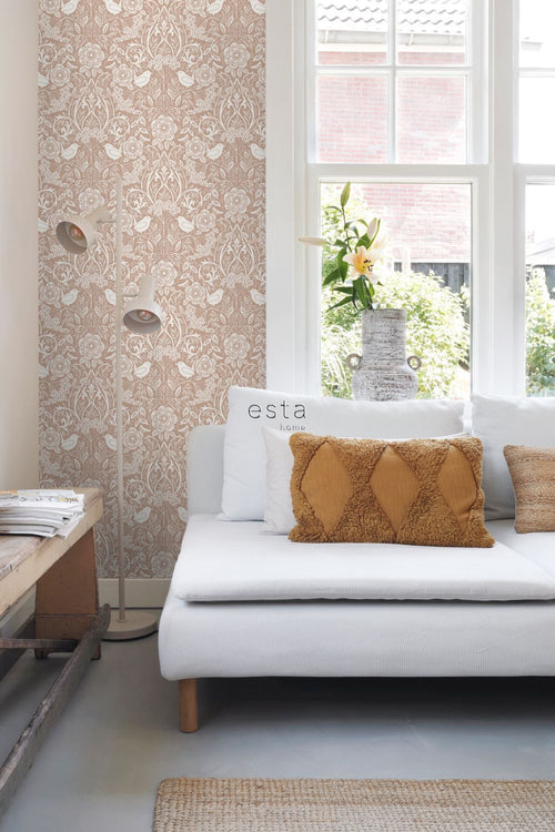 ESTAhome behang bloemen en vogels in art nouveau stijl nude kleur en wit - 53 cm x 10.05 m - 139324