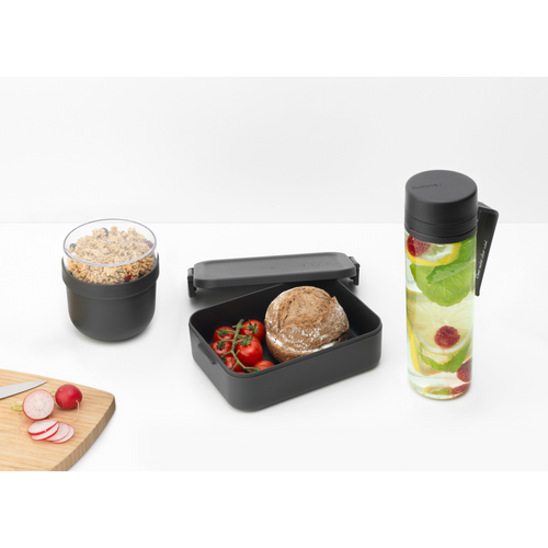Brabantia Make & Take Ontbijt- en Lunchset, 3-delig, kunststof (waterfles met zeef, yoghurtbeker 0,5 liter, lunchbox medium) - Dark Grey