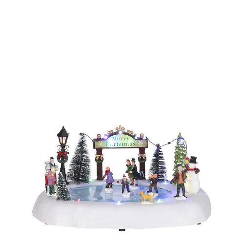 Luville Kerstdorp Miniatuur Schaatsers op de Vijver - Kerstversiering met Verlichting en Kerstmuziek - Kerst Decoratie voor Kerstdorp - Winterse