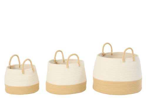 J-Line mand met handvat Rond - polyester - naturel/wit - set van 3