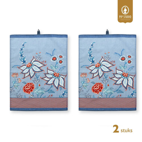 Pip Studio Flower Festival Theedoeken - Keukendoek - Blauw en Blauw-Rood - Set van 2 - 50x70cm - vtwonen shop