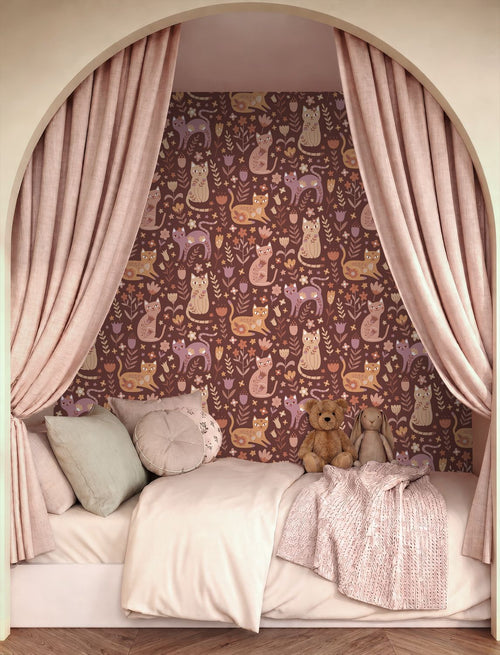 ESTAhome behang katjes donker paars en donker rood - 50 x 900 cm - 132182