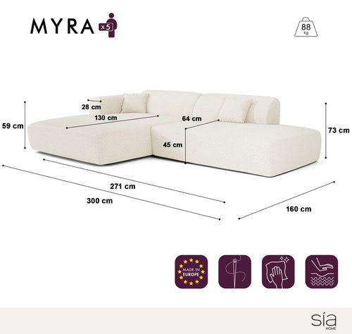 Sia Home - Hoekbanken links MYRA - Fluweel met patroon - Crème - 300cm - vtwonen shop