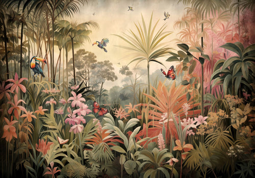 ESTAhome fotobehang jungle met dieren groen, roze en beige - 400 x 279 cm - 159455 - vtwonen shop