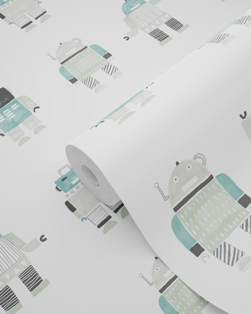 ESTAhome behang getekende vintage speelgoed robots mintgroen en blauw - 53 cm x 10.05 m - 138938