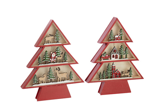 J-Line decoratie Boom - multiplex - rood - 2 stuks - LED