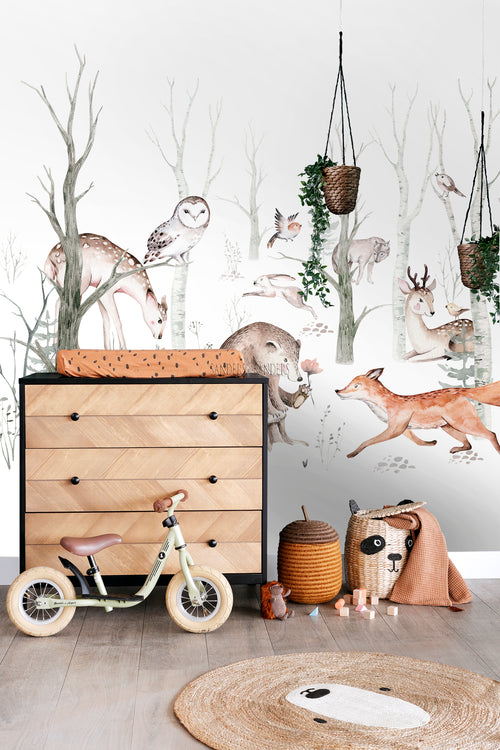Sanders & Sanders fotobehang vintage bosdieren wit, oranje en bruin - 250 x 279 cm - 950003