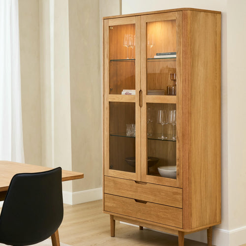 Furnhouse vitrinekast Nyborg - Natuurlijk eikenhout - MDF, Eikenfineer, Glas - 45x100x190