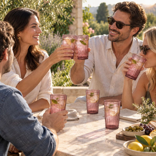 Mica Decorations Grigio Drinkglas Roze - Longdrinkglas met Ribbelstructuur - Glazen Drinkglas voor Water, Sap en Cocktails - Tijdloos Ontwerp - Serie
