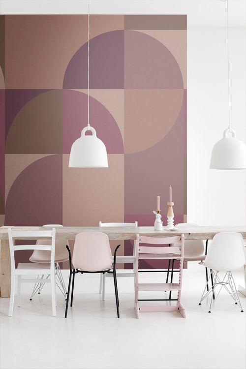 ESTAhome fotobehang cirkels in Bauhaus stijl paars en bruin - 2.5 x 2.79 m - 159648