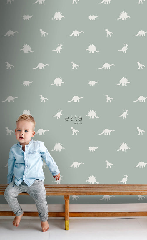 ESTAhome behang dinosaurussen vergrijsd mintgroen - 53 cm x 10.05 m - 139284