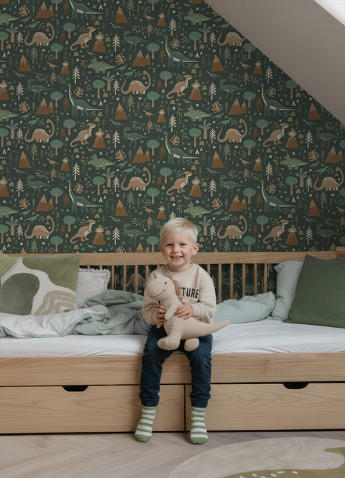 ESTAhome behang dinosaurussen donkergroen en bruin - 53 cm x 10.05 m - 139802