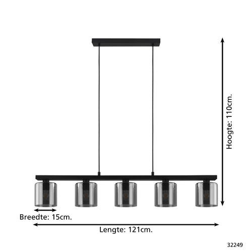 EGLO hanglamp Cadley - e27 - 121 cm - rookglas - smoke - zwart - vtwonen shop