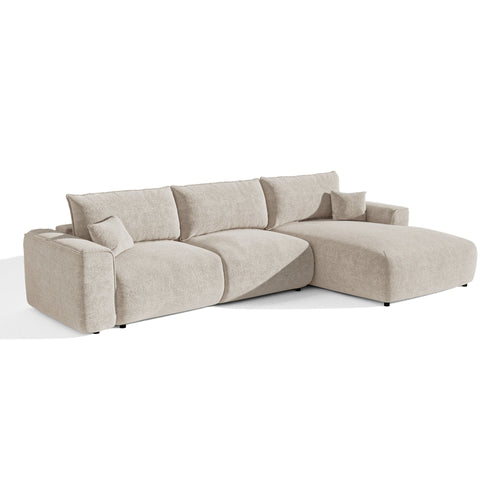 Premium Interiors - Rechthoekige hoekbank met slaapfunctie en opbergruimte COMO - bouclé-stof beige 297cm