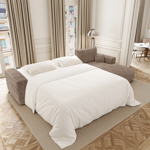 Premium Interiors - Rechthoekige hoekbank met snelle slaapfunctie COMO - weefsel met ruitpatroon, voelt zacht aan bruin 300cm