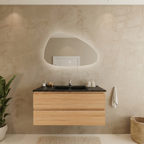 LOMAZOO badkamermeubel Marenza - zwevend - zwart keramiek - licht eiken - 100 cm