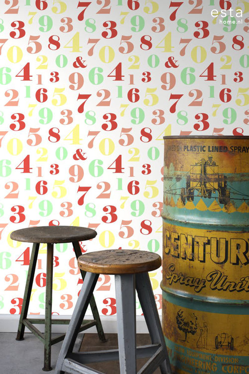 ESTAhome XXL behang cijfers rood, geel, groen en roze - 50 x 900 cm - 158714 - vtwonen shop