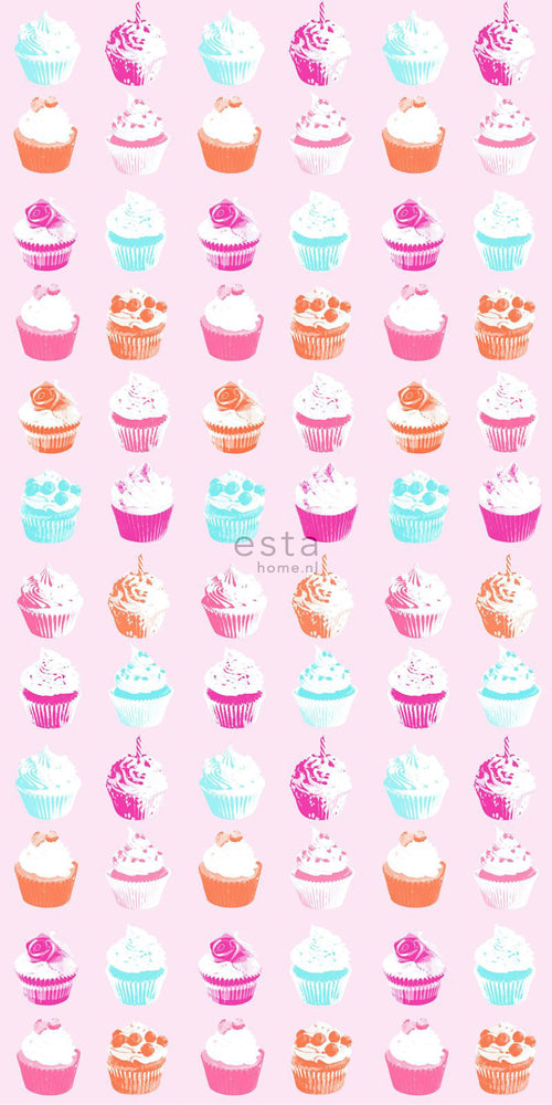 ESTAhome XXL behang cupcakes roze, blauw, wit en oranje - 50 x 900 cm - 158715