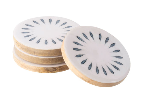 J-Line onderzetter Rond - hout - blauw/wit - set van 4
