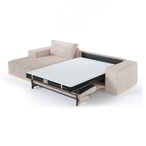 Premium Interiors - Linkerhoekbank met snelle uitklapfunctie JUNE - gewaafd fluweel crème 320cm
