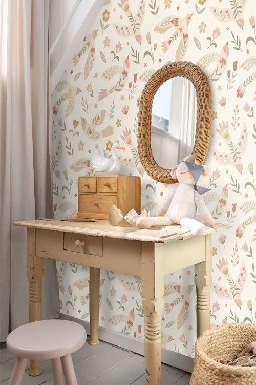 ESTAhome behang bloemen en vogels beige - 50 x 900 cm - 131754