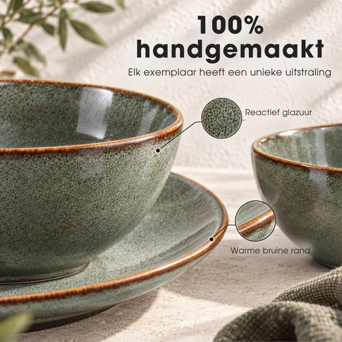 Mica Decorations Tabo Serviesset 16-Delig Groen - Keramische Borden voor 4 Personen - Complete Set met Mokken en Schaaltjes - Handgemaakt Botanisch