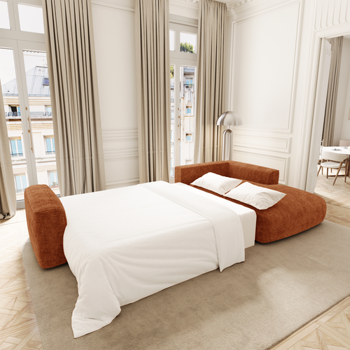 Premium Interiors - Rechthoekige hoekbank met slaapfunctie en opbergruimte COMO - kettingweefsel  zacht aanvoelend terracotta 297cm