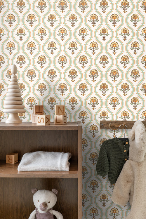 ESTAhome behang vintage bloemen groen, geel en oranje - 50 x 900 cm - 131739