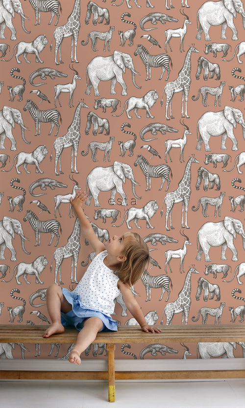 ESTAhome behang jungle dieren terracotta - 50 x 900 cm - 139512