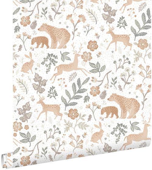 ESTAhome behang bos met bosdieren vergrijsd groen, beige en wit - 53 cm x 10.05 m - 139585