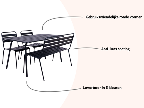 MaximaVida metalen tuinset Max zwart 150 cm – 1 tafel met 2 stoelen en 1 bank - vtwonen shop