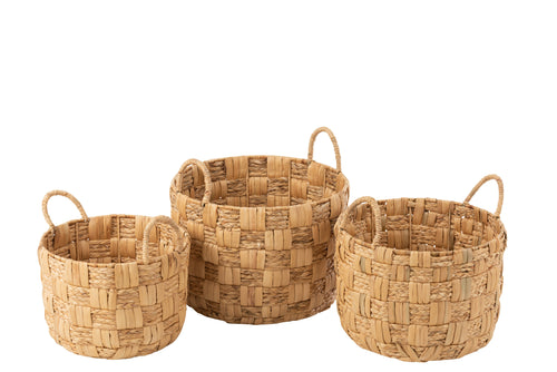 J-Line mand Rond Waterhyacint - jute - naturel - 3 stuks