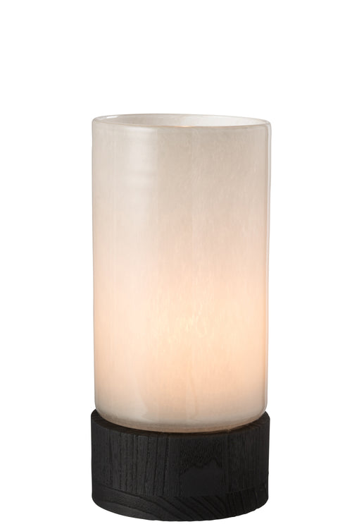 J-Line windlicht/vaas Ray - glas/hout - wit/zwart - medium - 29.5 cm hoog