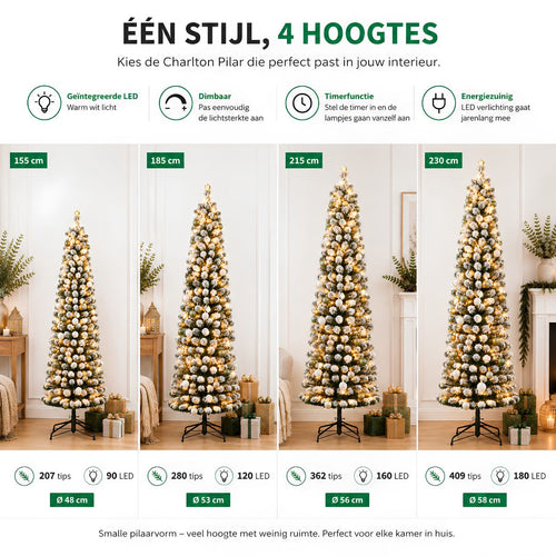 Black Box Trees Charlton Slim Kerstboom met LED Verlichting - Kerstversiering voor Binnen - Kunstboom met Frosted Takken en Timerfunctie - H155 x Ø48