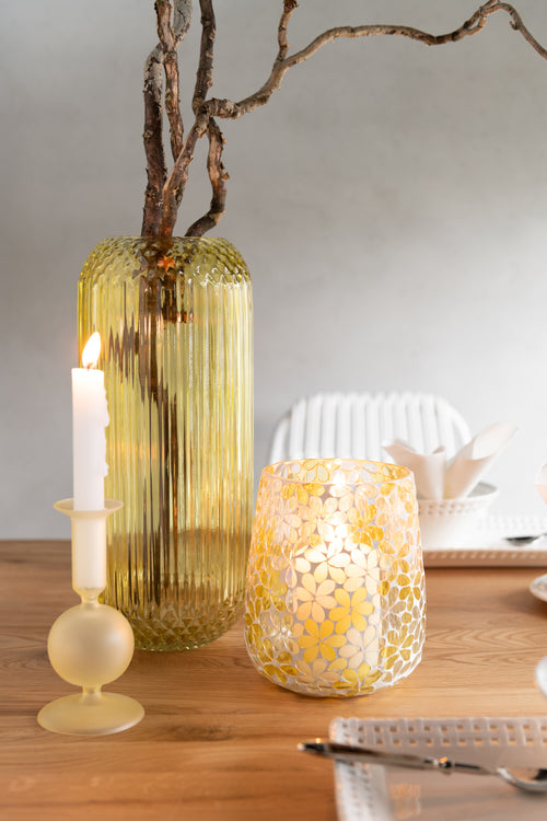 J-Line windlicht Bloemen - glas - geel/zilver - large - vtwonen shop