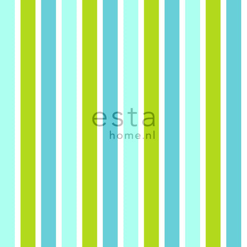ESTAhome behang verticale strepen turquoise, limegroen en wit - 53 cm x 10.05 m - 138703