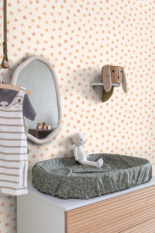 ESTAhome behang sterretjes wit, roze en oranje - 50 x 900 cm - 131708
