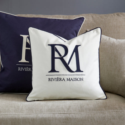 Rivièra Maison RM Monogram PillowCover white 50x50 - Katoen - Blauw / White - vtwonen shop