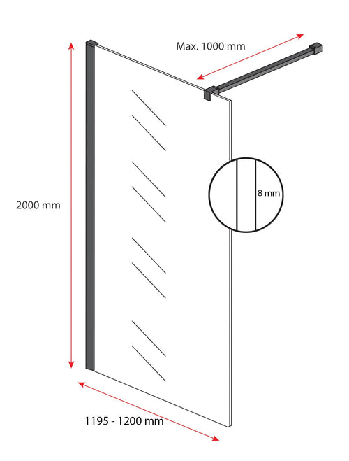Badplaats Douchewand Florida 120 x 200 cm – Zwart – Inloopdouche 8 mm Veiligheidsglas