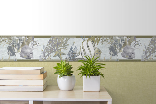 Sanders & Sanders zelfklevende behangrand onderwaterwereld vergrijsd groen - 500 x 13.25 cm - 640042 - vtwonen shop