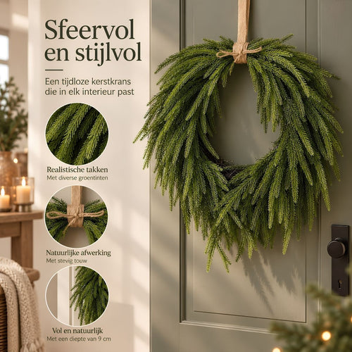 Mica Decorations Krans Dennenappel Groen - Decoratieve Krans met Sierlijke Dennentakken - Kunststof Krans voor Deur, Muur of Schouw - Afmeting